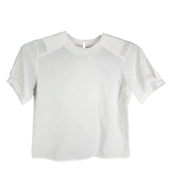 Womens White Michelle Stuart Sheer Blouse Crew Neck Short Sleeve Back Button S - Picture 1 of 7